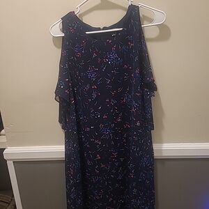 Roz & Ali Navy Blue Dress W/ Floral Accent Cold Shoulder Sleeve Women SIze 10